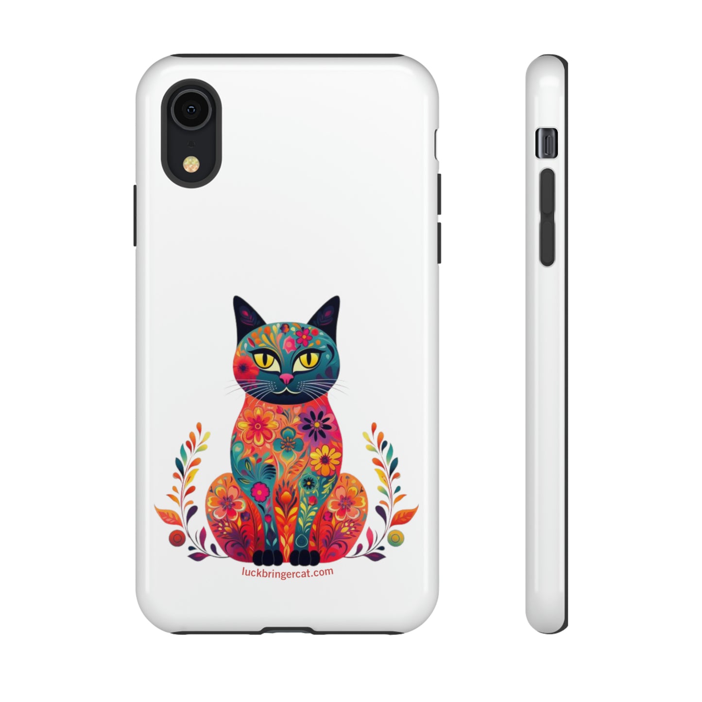 Phone Case for Cat Lovers- iPhone, Samsung Galaxy, Google Pixel- Colorful Floral Cat-White-Graphic