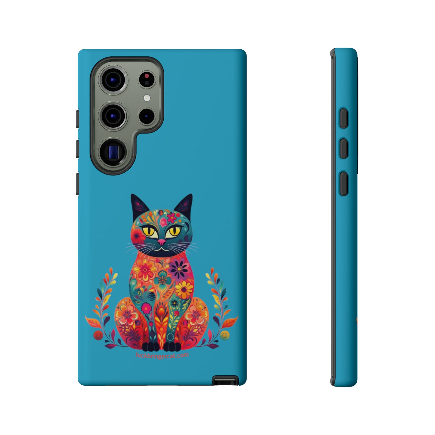 Phone Case for Cat Lovers- iPhone, Samsung Galaxy, Google Pixel- Colorful Floral Cat-Turquoise-Graphic