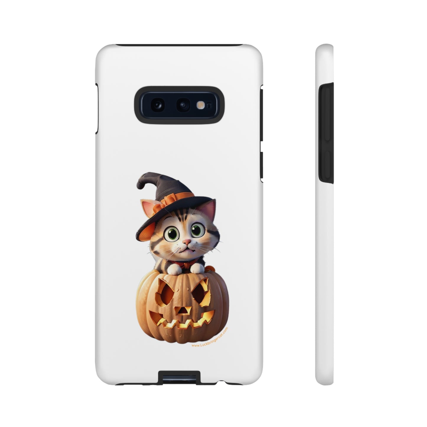 Premium-quality tough protective phone cases for iPhone and Samsung - Halloween Cat - White