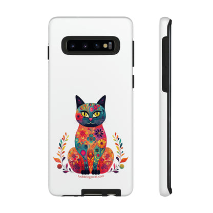 Phone Case for Cat Lovers- iPhone, Samsung Galaxy, Google Pixel- Colorful Floral Cat-White-Graphic