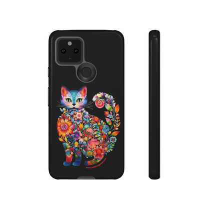 Floral Cat Lovers Phone case- iPhone, Samsung Galaxy, Google Pixel- Black-Tough-Premium Quality