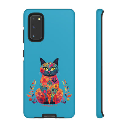 Phone Case for Cat Lovers- iPhone, Samsung Galaxy, Google Pixel- Colorful Floral Cat-Turquoise-Graphic