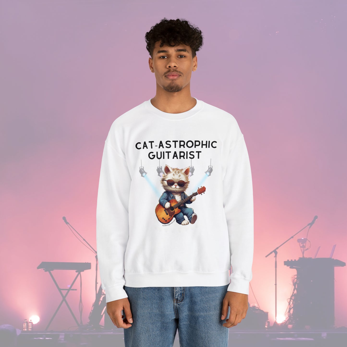 Unisex Crewneck Sweatshirt - Catastrophic Guitarist- Funny Shirt for Cat and Classic Guitar Lovers