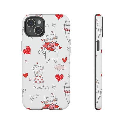 Premium-quality tough protective phone cases for iPhone, Samsung and Google - White With Cute Cartoon Cats and Red Hearts