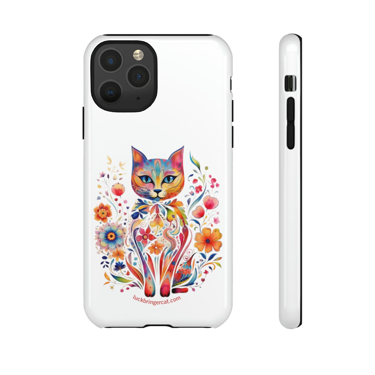 Phone Case for Cat and Flower Lovers- iPhone, Samsung Galaxy, Google Pixel- Colorful Floral Cat-White