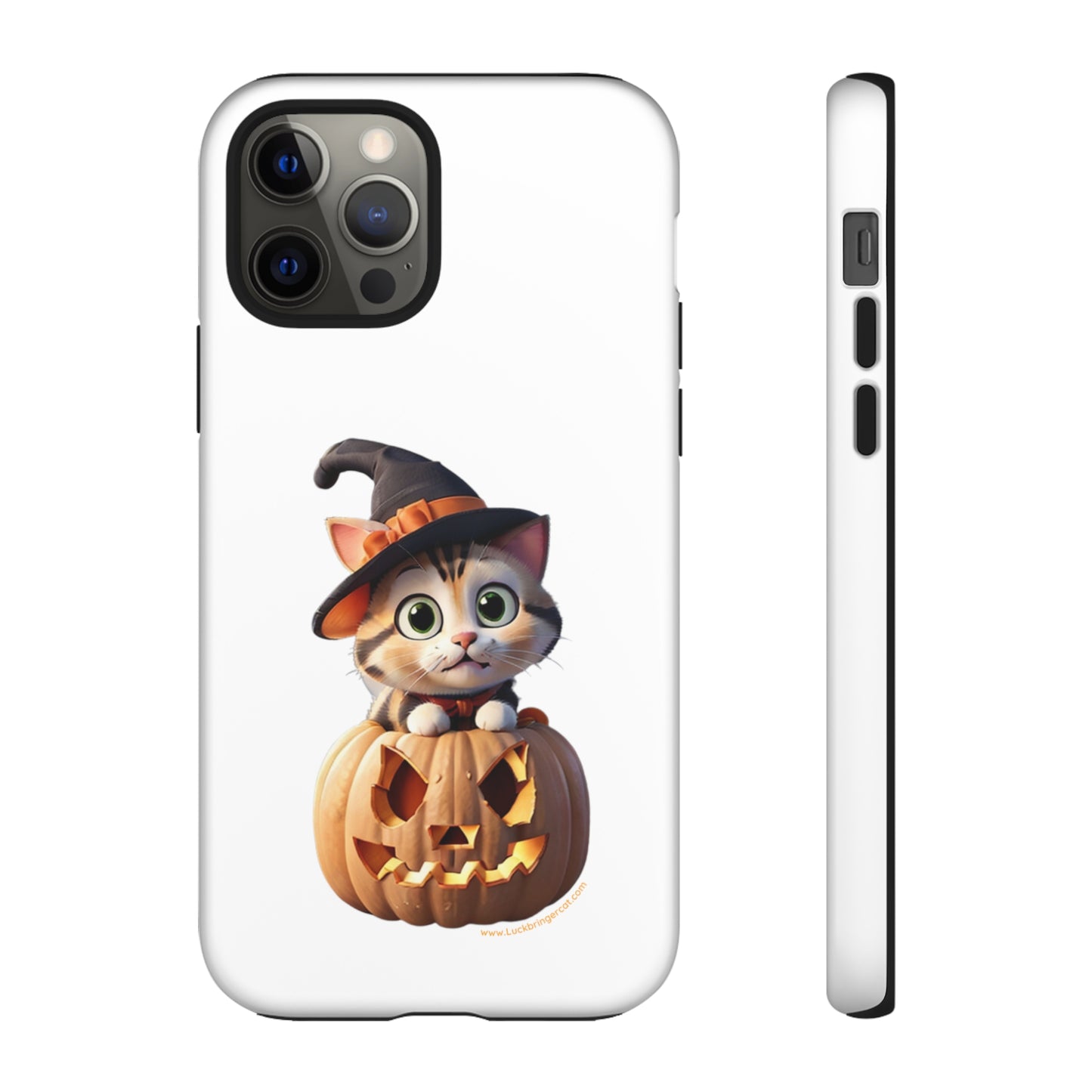 Premium-quality tough protective phone cases for iPhone and Samsung - Halloween Cat - White