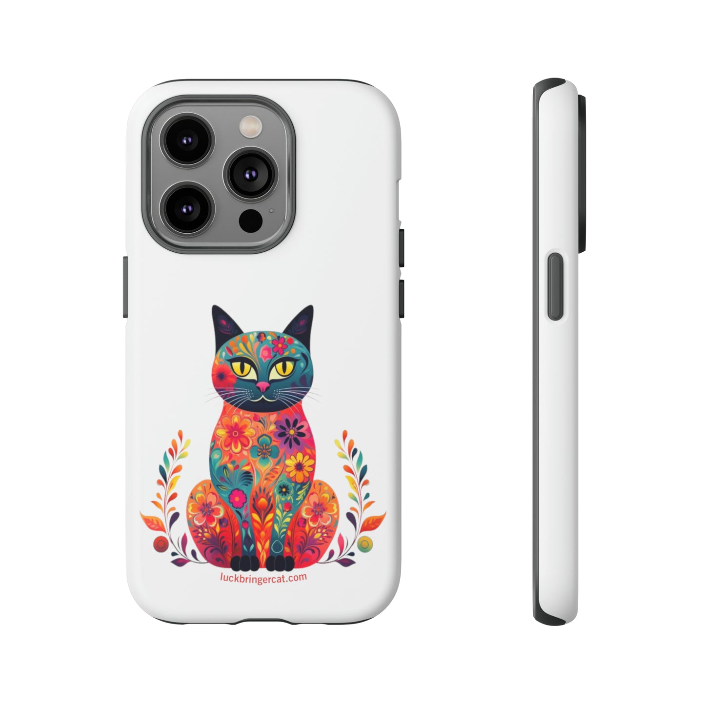 Phone Case for Cat Lovers- iPhone, Samsung Galaxy, Google Pixel- Colorful Floral Cat-White-Graphic