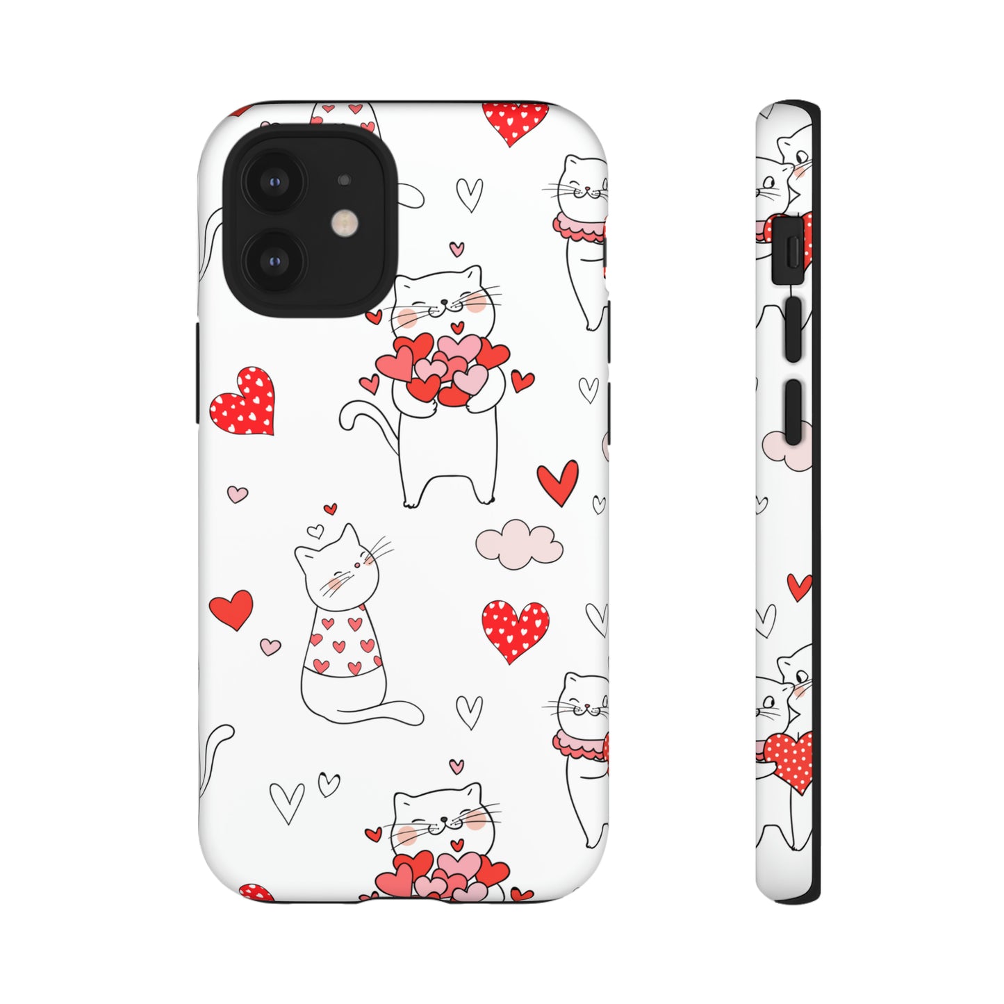 Premium-quality tough protective phone cases for iPhone, Samsung and Google - White With Cute Cartoon Cats and Red Hearts