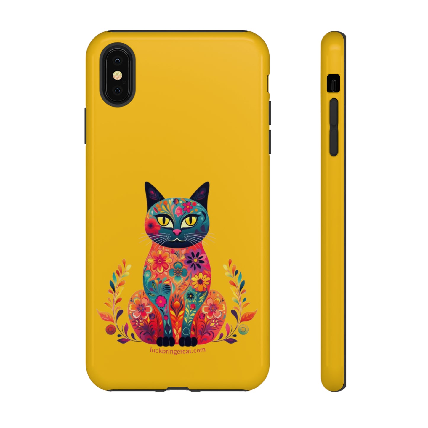 Phone Case for Cat Lovers- iPhone, Samsung Galaxy, Google Pixel- Colorful Floral Cat-Yellow-Graphic