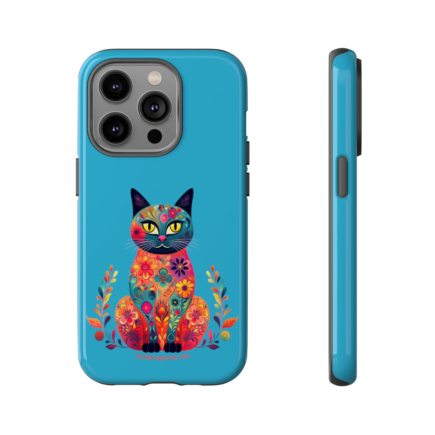 Phone Case for Cat Lovers- iPhone, Samsung Galaxy, Google Pixel- Colorful Floral Cat-Turquoise-Graphic