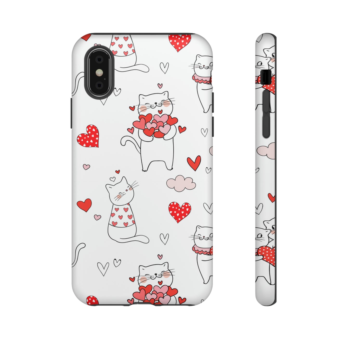 Premium-quality tough protective phone cases for iPhone, Samsung and Google - White With Cute Cartoon Cats and Red Hearts