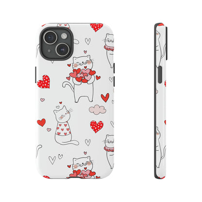 Premium-quality tough protective phone cases for iPhone, Samsung and Google - White With Cute Cartoon Cats and Red Hearts