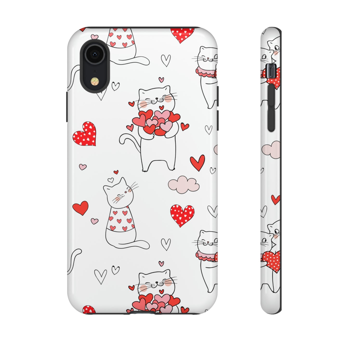 Premium-quality tough protective phone cases for iPhone, Samsung and Google - White With Cute Cartoon Cats and Red Hearts