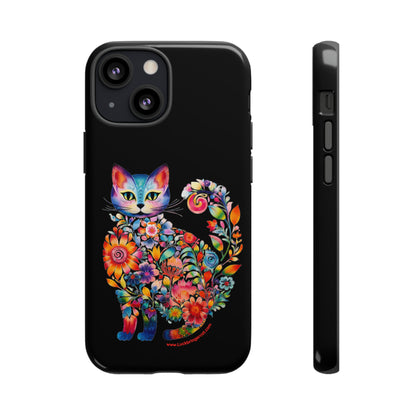 Floral Cat Lovers Phone case- iPhone, Samsung Galaxy, Google Pixel- Black-Tough-Premium Quality