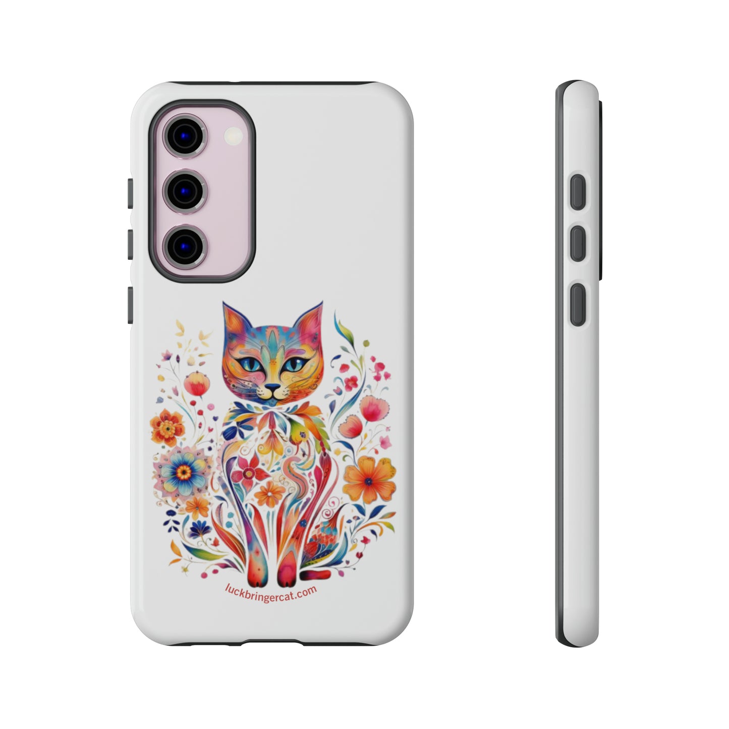 Phone Case for Cat and Flower Lovers- iPhone, Samsung Galaxy, Google Pixel- Colorful Floral Cat-White