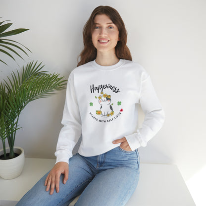 Selflove Sweatshirt With Happy Cute Cat- Happiness Starts With Self Love Shirt