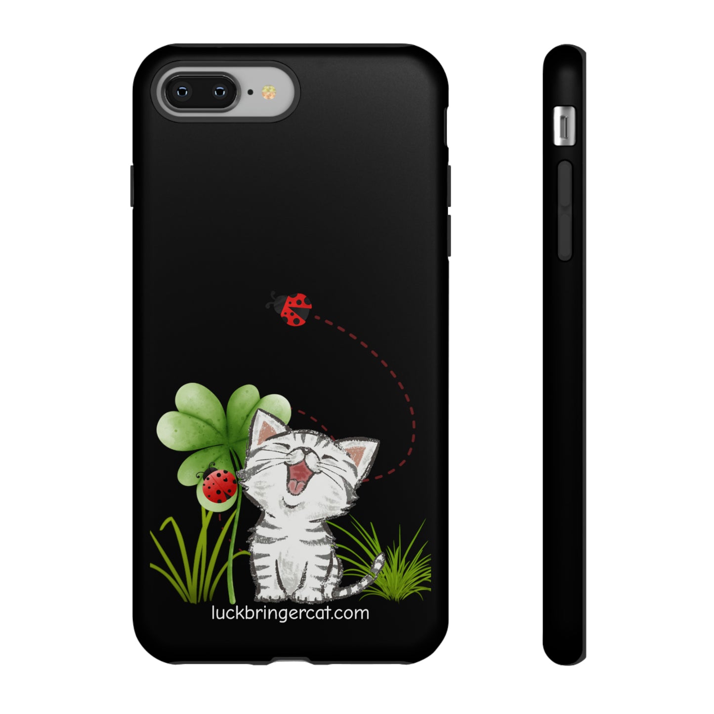 Cute Happy Cat Phone Case- iPhone, Samsung Galaxy, Google Pixel- Black- Lucky Clover Ladybug