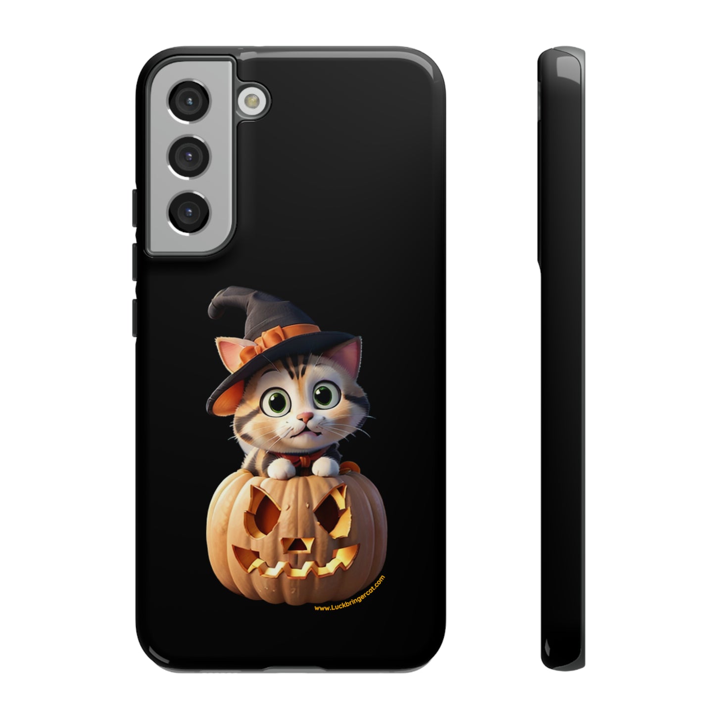 Premium-quality tough protective phone cases for iPhone and Samsung - Halloween Pumpkin Cat - Black