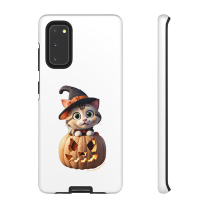 Premium-quality tough protective phone cases for iPhone and Samsung - Halloween Cat - White