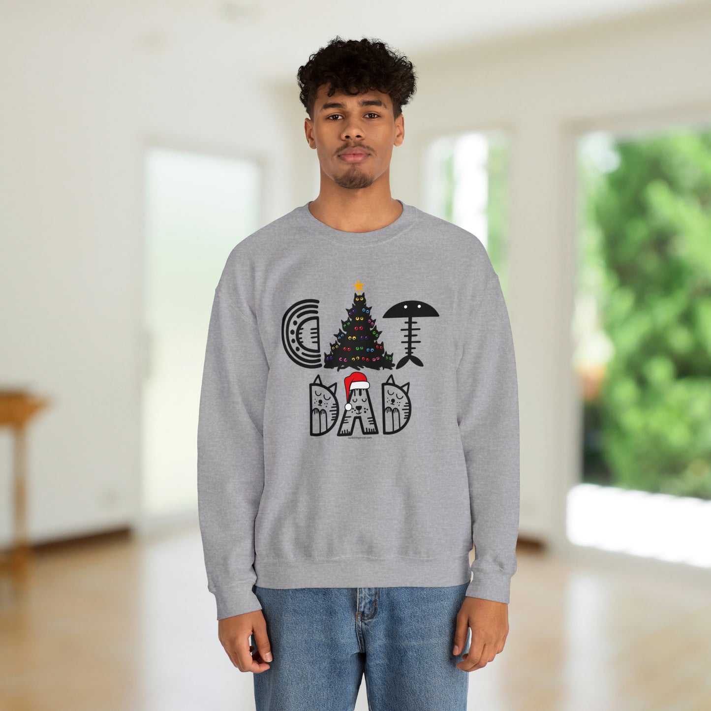 „Cat Dad Christmas“-Sweatshirt mit Rundhalsausschnitt und schwarzem Katzen-Weihnachtsbaum