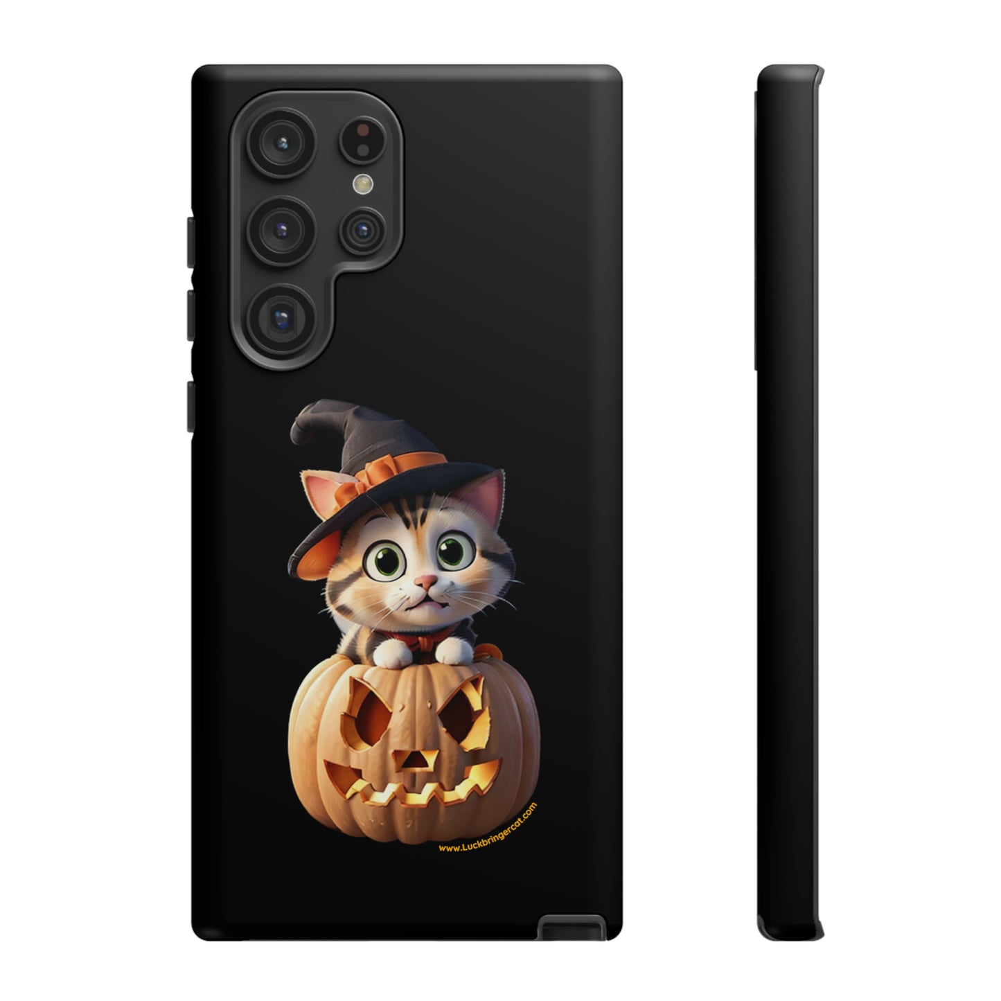 Premium-quality tough protective phone cases for iPhone and Samsung - Halloween Pumpkin Cat - Black