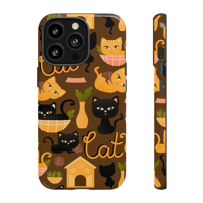 Premium-quality tough protective phone cases for iPhone, Samsung and Google - Brown With Cute Black and Orange Cats