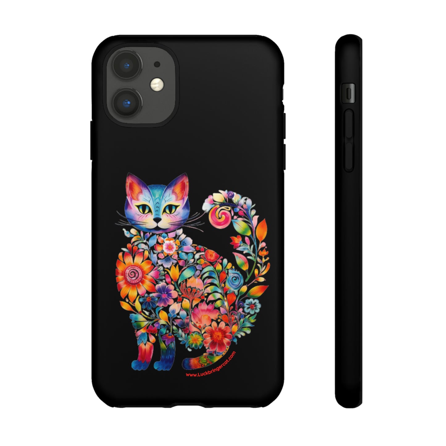 Floral Cat Lovers Phone case- iPhone, Samsung Galaxy, Google Pixel- Black-Tough-Premium Quality