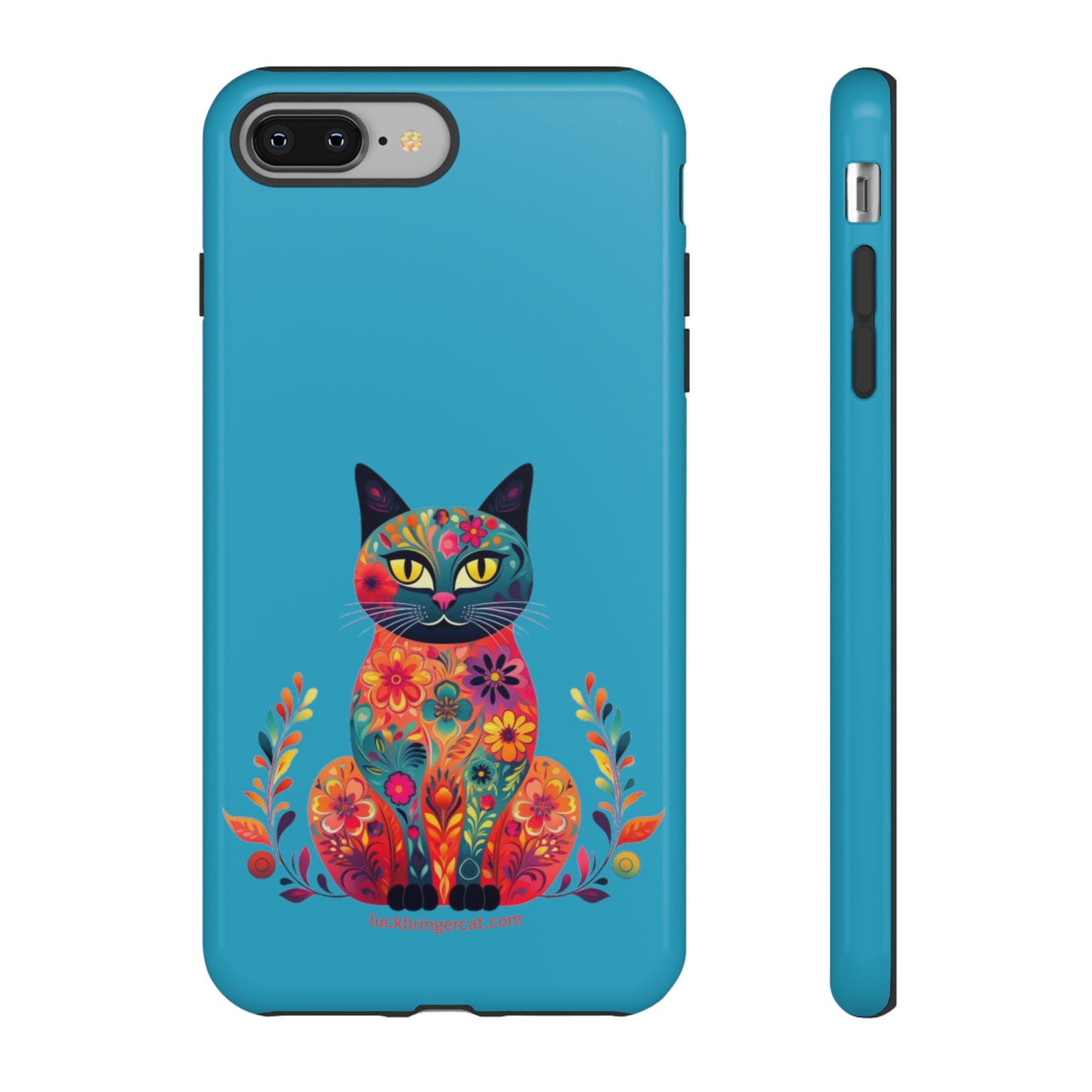 Phone Case for Cat Lovers- iPhone, Samsung Galaxy, Google Pixel- Colorful Floral Cat-Turquoise-Graphic