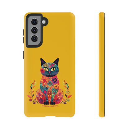 Phone Case for Cat Lovers- iPhone, Samsung Galaxy, Google Pixel- Colorful Floral Cat-Yellow-Graphic