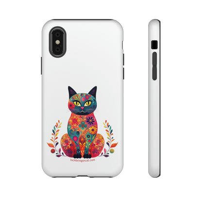 Phone Case for Cat Lovers- iPhone, Samsung Galaxy, Google Pixel- Colorful Floral Cat-White-Graphic