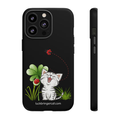 Cute Happy Cat Phone Case- iPhone, Samsung Galaxy, Google Pixel- Black- Lucky Clover Ladybug