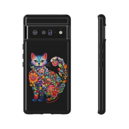 Floral Cat Lovers Phone case- iPhone, Samsung Galaxy, Google Pixel- Black-Tough-Premium Quality