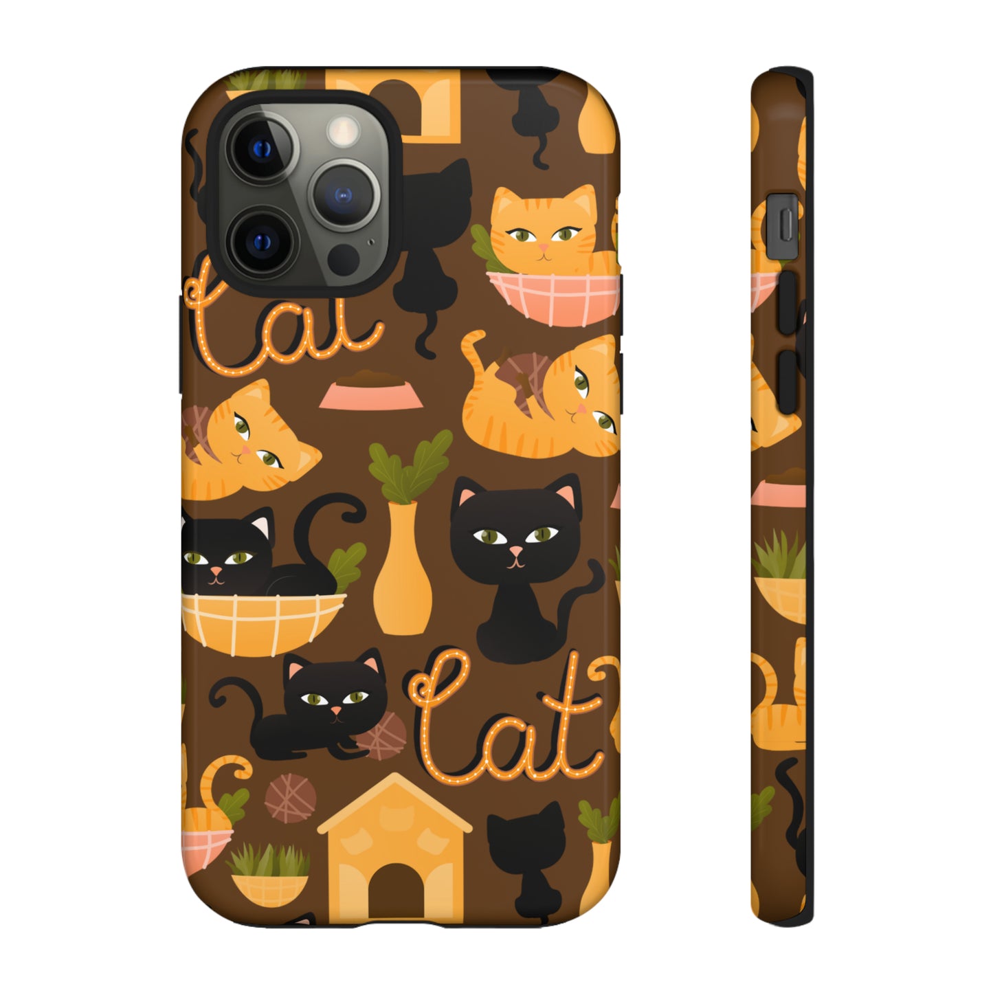 Premium-quality tough protective phone cases for iPhone, Samsung and Google - Brown With Cute Black and Orange Cats