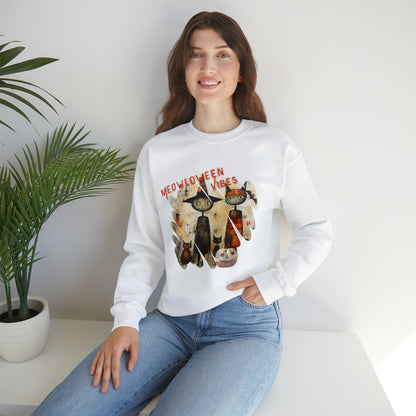 Halloween Sweatshirt With Artistic Graphic Meowloween Vibes Black Cat Witch Family and Pumpkin