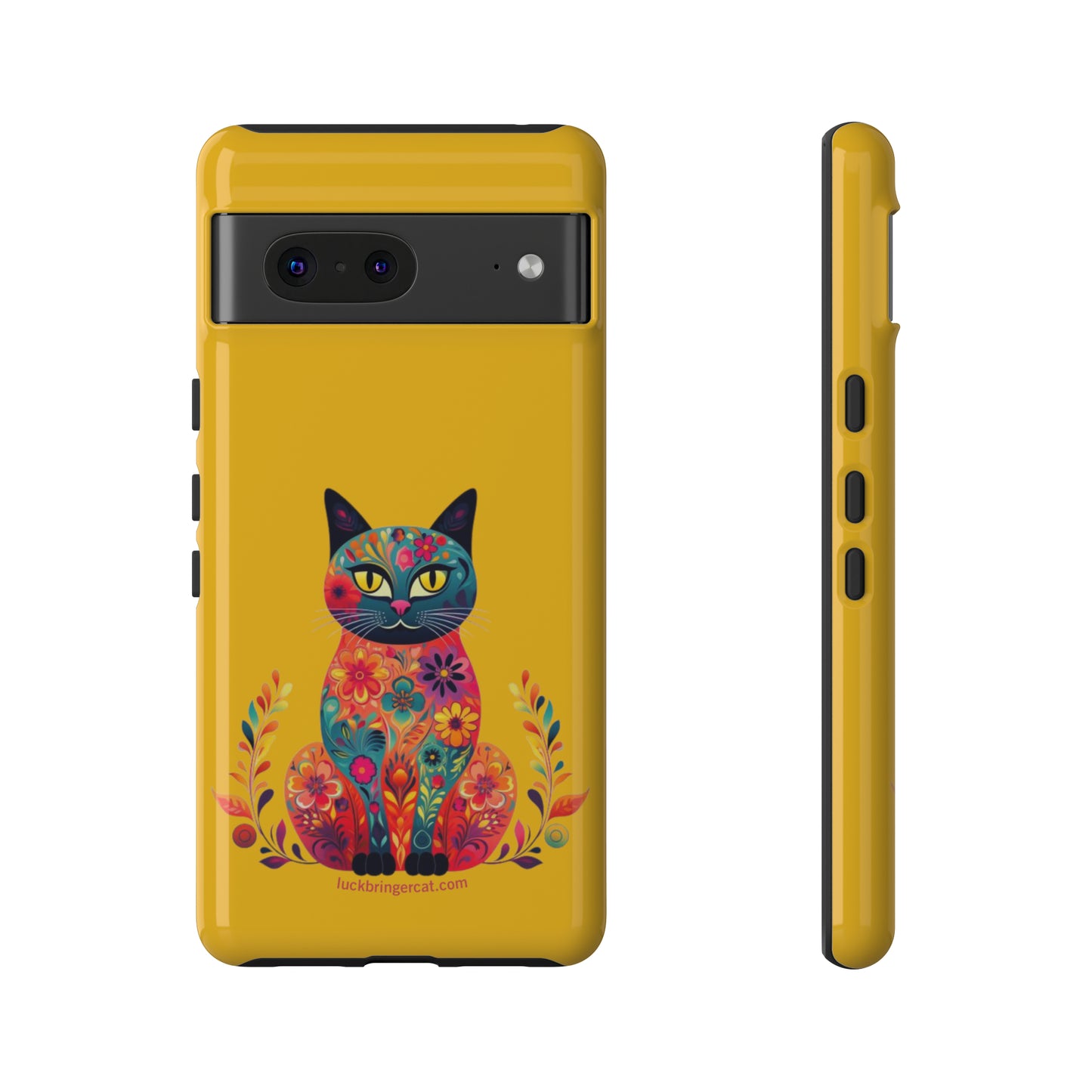 Phone Case for Cat Lovers- iPhone, Samsung Galaxy, Google Pixel- Colorful Floral Cat-Yellow-Graphic