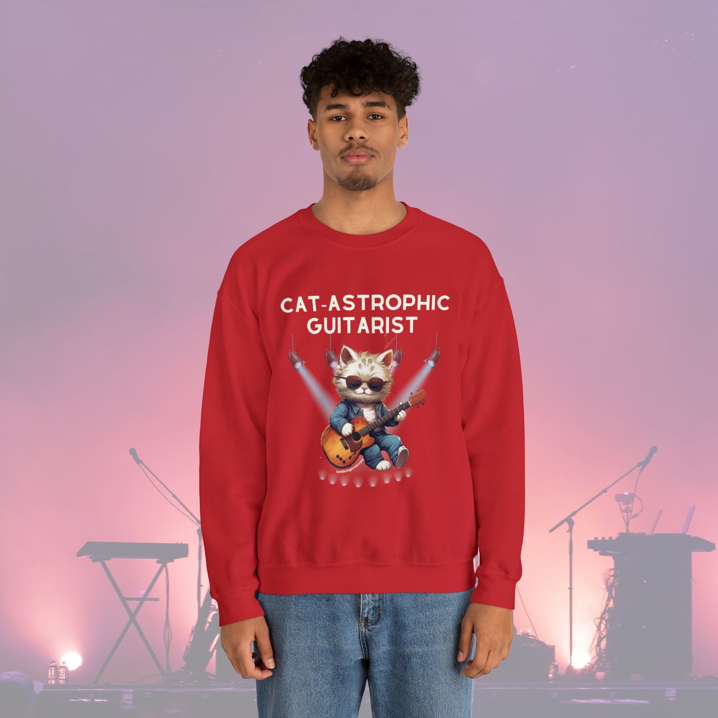 Unisex Crewneck Sweatshirt - Catastrophic Guitarist- Funny Shirt for Cat and Classic Guitar Lovers