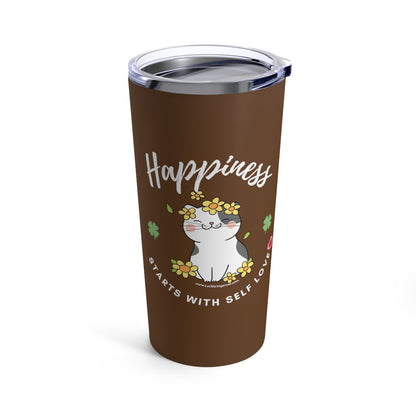 Selflove Cat Lovers Insulated Travel Cup - Brown Tumbler- Great gift for cat moms, cat dads, vets, students or friends - Happiness Starts with Self love and cute cat