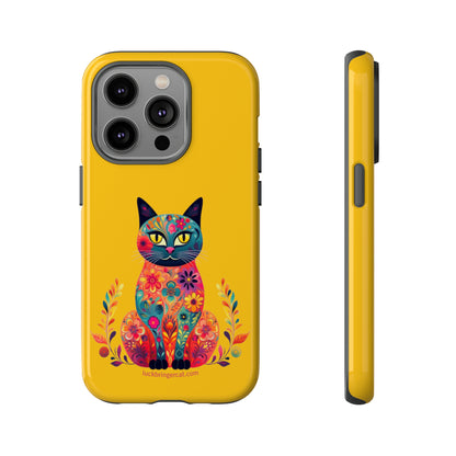 Phone Case for Cat Lovers- iPhone, Samsung Galaxy, Google Pixel- Colorful Floral Cat-Yellow-Graphic