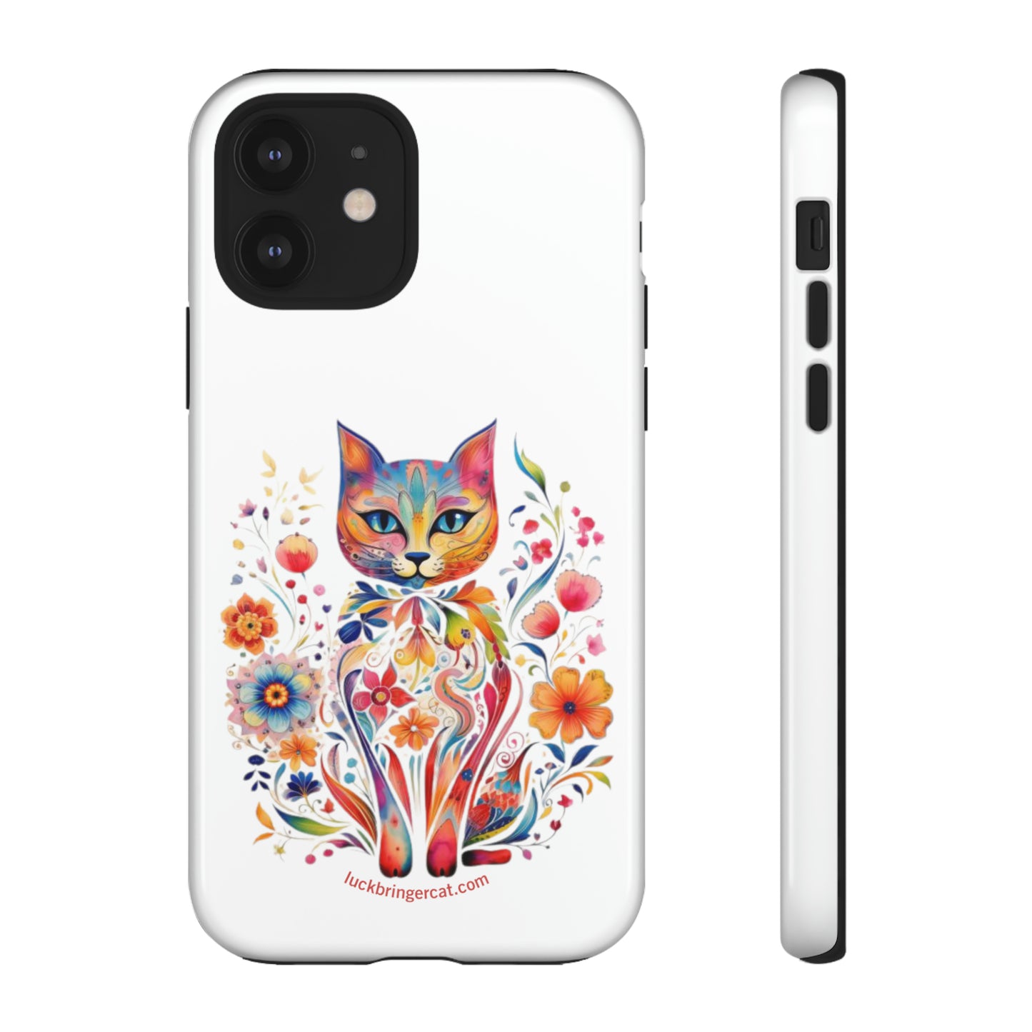 Phone Case for Cat and Flower Lovers- iPhone, Samsung Galaxy, Google Pixel- Colorful Floral Cat-White