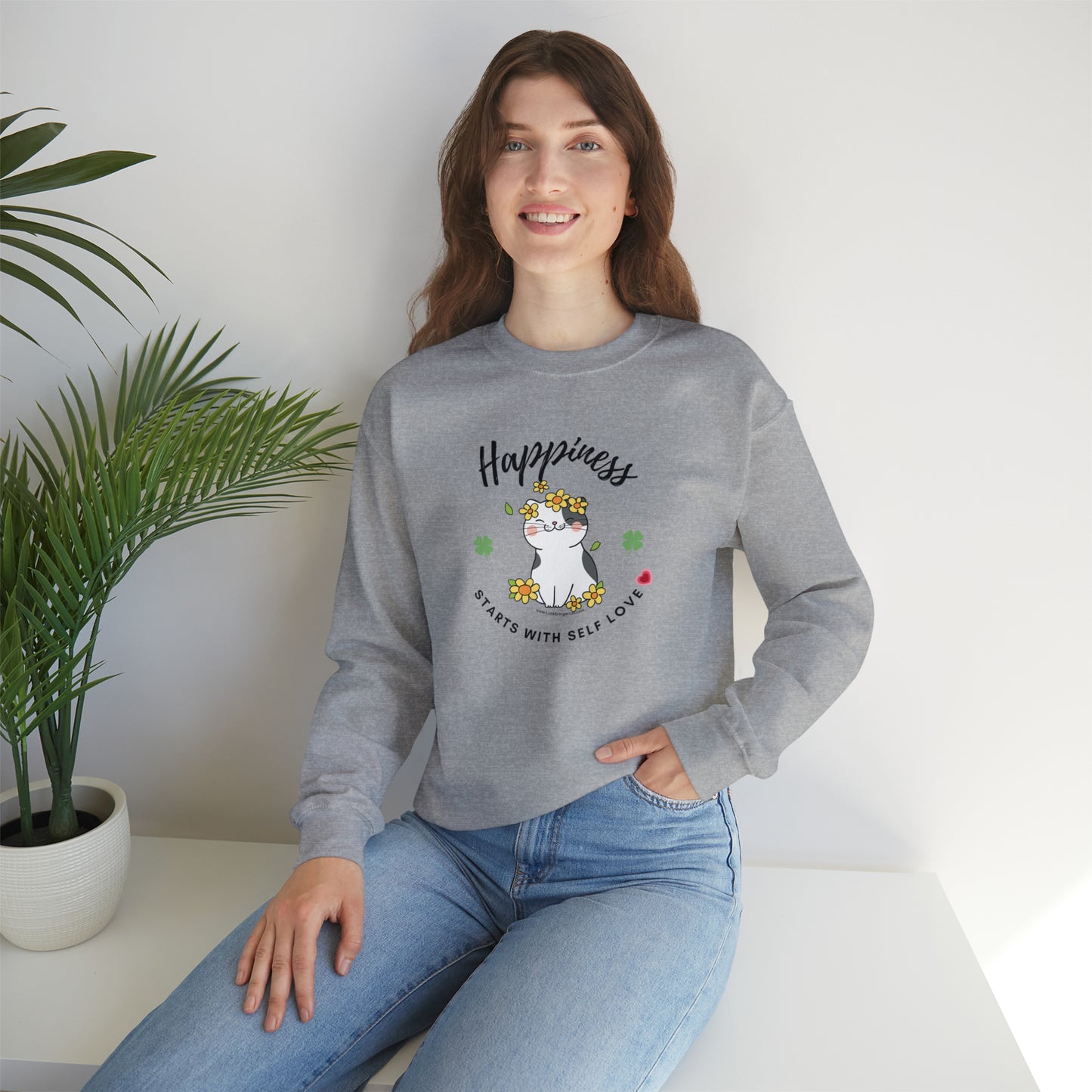 Selflove Sweatshirt With Happy Cute Cat- Happiness Starts With Self Love Shirt