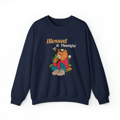 Graphic Thanksgiving Sweatshirt - Blessed and Thankful Cat