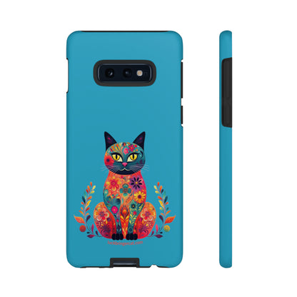 Phone Case for Cat Lovers- iPhone, Samsung Galaxy, Google Pixel- Colorful Floral Cat-Turquoise-Graphic