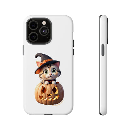 Premium-quality tough protective phone cases for iPhone and Samsung - Halloween Cat - White