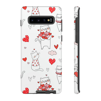 Premium-quality tough protective phone cases for iPhone, Samsung and Google - White With Cute Cartoon Cats and Red Hearts