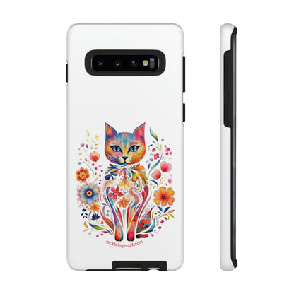 Phone Case for Cat and Flower Lovers- iPhone, Samsung Galaxy, Google Pixel- Colorful Floral Cat-White