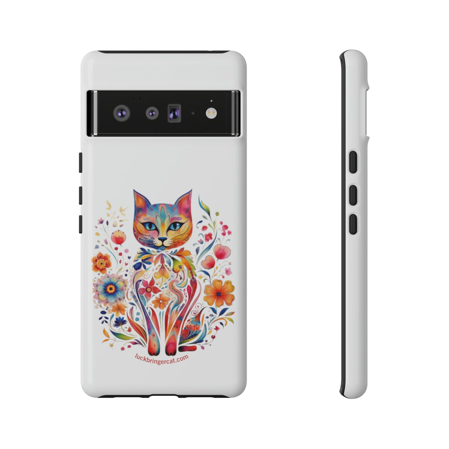 Phone Case for Cat and Flower Lovers- iPhone, Samsung Galaxy, Google Pixel- Colorful Floral Cat-White