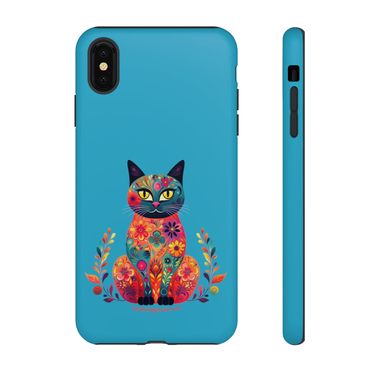 Phone Case for Cat Lovers- iPhone, Samsung Galaxy, Google Pixel- Colorful Floral Cat-Turquoise-Graphic