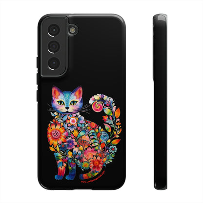 Floral Cat Lovers Phone case- iPhone, Samsung Galaxy, Google Pixel- Black-Tough-Premium Quality