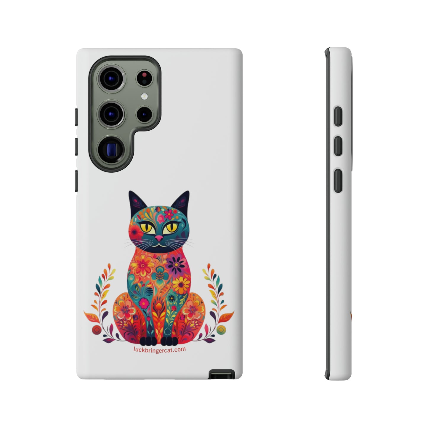 Phone Case for Cat Lovers- iPhone, Samsung Galaxy, Google Pixel- Colorful Floral Cat-White-Graphic