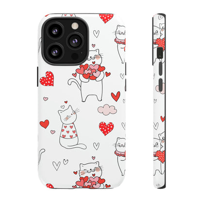 Premium-quality tough protective phone cases for iPhone, Samsung and Google - White With Cute Cartoon Cats and Red Hearts